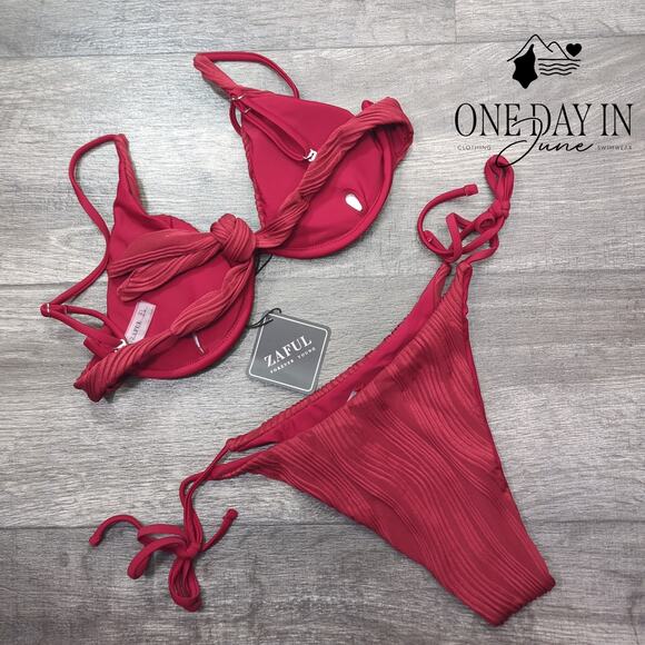 Zaful Underwire Tie Back Tie Side Textured Bikini Swimsuit Size S - Picture 3 of 3